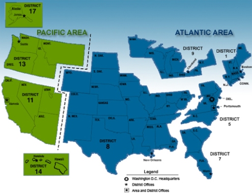US Map Showing Coast Guard Districts