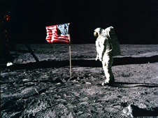 Buzz Aldrin and the U.S. flag on the surface of the moon.