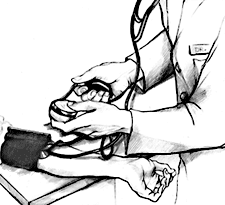 Drawing of a doctor checking a patient’s blood pressure.