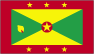 Flag of Grenada is a rectangle divided diagonally into yellow triangles (top and bottom) and green triangles (hoist side and outer side), with a red border around the flag; there are seven yellow, five-pointed stars with three centered in the top red border, three centered in the bottom red border, and one on a red disk superimposed at the center of the flag; there is also a symbolic nutmeg pod on the hoist-side triangle.