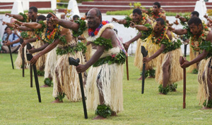 Dancers from Viseisei village in Fiji perform during a welcoming ceremony, March 10, 2005. [© AP Images]