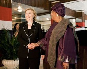 Date: 08/13/2009 Description: Secretary of State Hillary Rodham Clinton shakes hands with President Ellen Johnson Sirleaf at the Presidential palace in Monrovia, Liberia. © AP Image