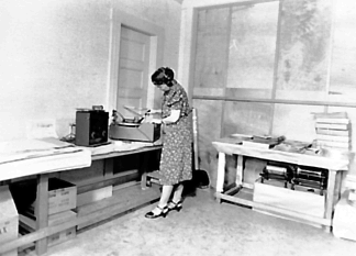 Sidney Robertson Cowell, copying WPA California Folk Music Project recordings for the Library of
Congress in the University of California, Berkeley, office.