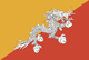Flag of Bhutan is divided diagonally from the lower hoist-side corner; the upper triangle is yellow and the lower triangle is orange; centered along the dividing line is a large black and white dragon facing away from the hoist side.