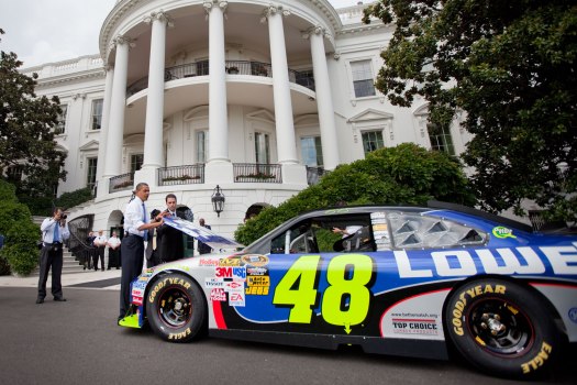 NASCAR 2008 Sprint Cup Champion Jimmie Johnson shows his #48 Lowe's Chevy to President Barack Obama