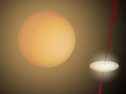 An illustration depicting the probable arrangement of a red giant star and a white dwarf in orbit around each other.