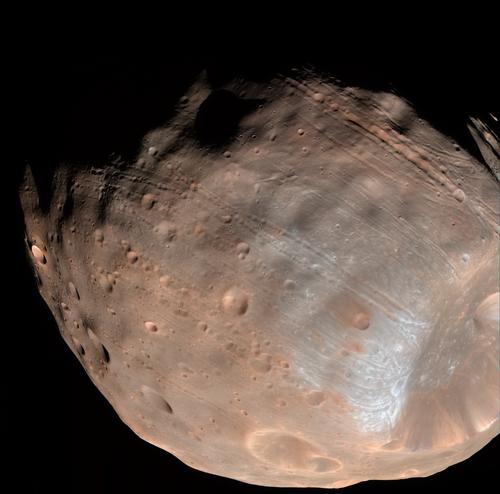 This image of Phobos from 6,800 kilometers was taken by the HiRISE camera