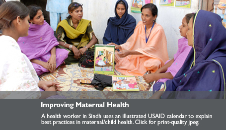 A health worher in sindh uses an illustrated USAID calendar to explain best practices in maternal/child health. Click for print-quality jpeg - link will open in a new window