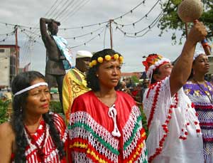 Amerindians participate in commemorative ceremony, Paramaribo, Suriname July 1, 2003. [© AP Images]