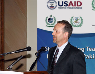 Islamabad, August 7, 2009 - USAID’s Associate Mission Director for Economic Growth and Education Jim Barnhart speaking at the launching ceremony of National Standards for Accreditation of Teacher Education Programs at the Higher Education Commission.