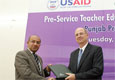 Lahore - USAID Mission Director Robert Wilson and Punjab Minister for Education Mian Mujtaba Shuja-ur-Rehman shaking hands after a memorandum of understanding was signed between USAID and Punjab Department of Education, launching the Pre-STEP program.