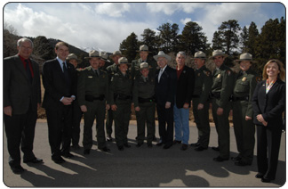 Left to right:  Former Senator Wayne Allard, Sen. Michael Bennet, Rainey Kreis, Jim Sanborn, Ivan Kassovic (behind Jim),  Tara Vessella, Jim Dougan (behind Tara), Jan Pauley, Tim Phillips (behind Jan), Secretary Salazar, Senator Udall, Chief Ranger Mark Magnuson, Mark Pita, Cindy Purcell, Congresswoman Betsy Markey [Photo Credit: Tami A. Heilemann DOI]  