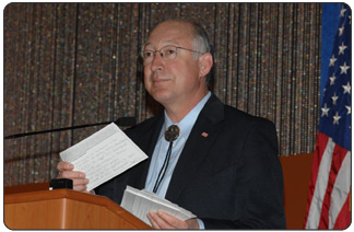 Secretary Salazar at the OCS meeting in Anchorage, AK on April 14, 2009.  