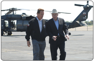 Governor of California Arnold Schwarzenegger and Secretary Salazar return from an aerial tour of the drought-stricken Sacramento Delta prior to announcing $1 Billion in in water related investments today, including $260 million to help California address long-term water supply challenges and devastating drought conditions.