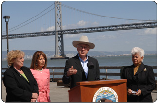 Rep. Zoe Lofgren (D-16th CA), Jackie Speier (D-12th CA), Secretary Salazar, and Rep Grace Napolitano (D-38th CA) at a press conference to announce recovery act funding in San Francisco.