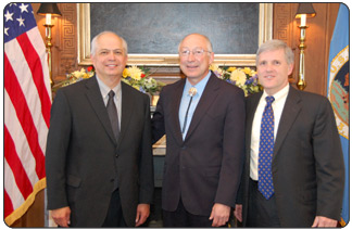 Assistant Secretary for Indian Affairs Larry EchoHawk, Secretary Salazar, and Deputy Secretary David Hayes after the swearing in ceremony in Secretary Salazar's office.