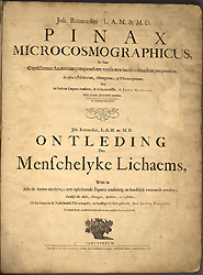 Pinax microcosmographicus : in quo certissimum anatomiae compendium variis aere incisis visionibus proponitur ; in usum medicorum, chirurgorum, ac pharmacopaeorum, title page