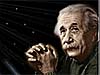 A picture of Albert Einstein is shown in front of a cosmic background