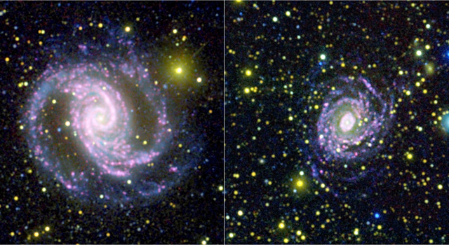 Images from NASA's Galaxy Evolution Explorer spacecraft and the Cerro Tololo Inter-American Observatory in Chile.