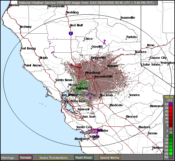 Click for latest Base Velocity radar loop from the Sacramento, CA radar and current weather warnings