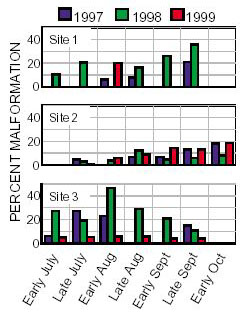 Plots showing percent malformation versus time of year at three sites in Minnesota.  Data from Site 1 indicate that percent malformation was greatest in 1998 and peaked at nearly 40 percent during late September.  Percent malformation ranged from 0 to nearly 20 percent at Site 2 and typically peaked between early September and early October.  At Site 3 percent malformation peaked during early August in 1998 but was relatively constant at about 5 percent throughout the summer and fall of 1999.