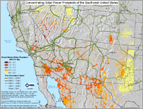 Thumbnail image of 1%-slope NREL map of concentrating solar power prospects in the southwestern United States, with index highlighting direct-normal solar radiation, transmission lines, and power plants.