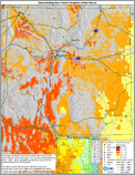 Thumbnail image of 3%-slope NREL map of concentrating solar power prospects in New Mexico, with index highlighting direct-normal solar radiation, transmission lines, and power plants.