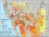 Thumbnail image of 3%-slope NREL map of concentrating solar power prospects in the southwestern United States, with index highlighting direct-normal solar radiation, transmission lines, and power plants.