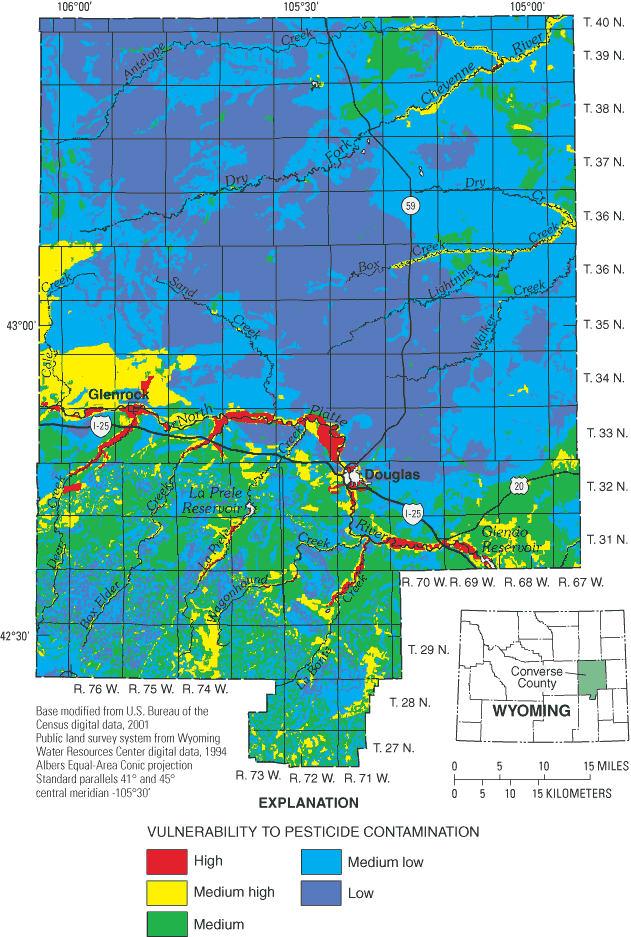 Figure 2. Vulnerability of Converse County, Wyoming ground water to pesticide contamination (from Hamerlinck and Arneson, 1998).