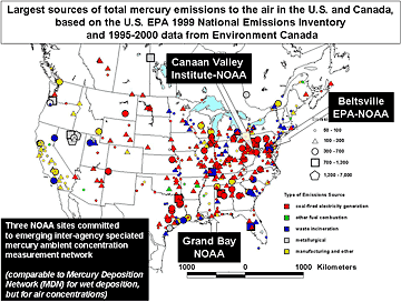 Map showing largest mercury emission sources over US and Canada