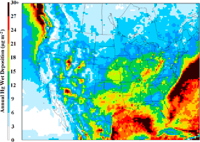 A modeled computer product showing mercury wet deposition over the US for 2001