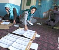 Afghan election workers count ballots at a polling station in Kabul