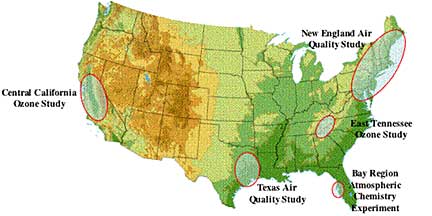 US map showing locations of air quality studies