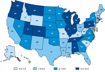 Map of the United States showing female ovarian cancer death rates by state in 2005.