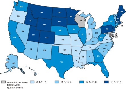 Map of the United States showing female ovarian cancer incidence rates by state in 2005.