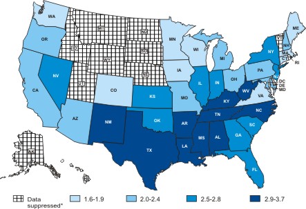 Map of the United States showing cervical cancer death rates by state in 2005.