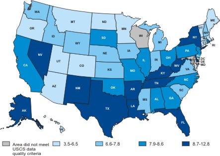 Map of the United States showing cervical cancer incidence rates by state in 2005.