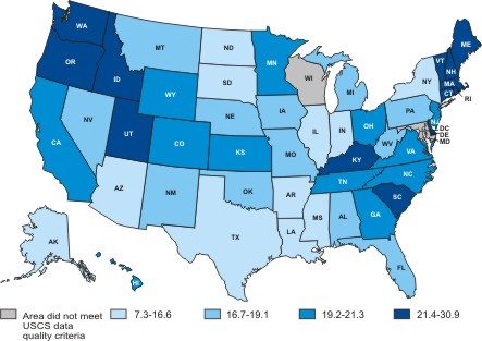 Map of the United States showing melanoma of the skin incidence rates by state in 2005.