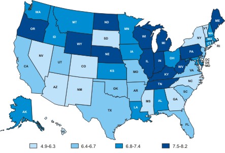 Map of the United States showing non-Hodgkin lymphoma death rates by state.