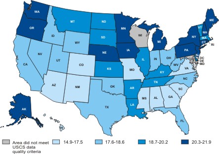 Map of the United States showing non-Hodgkin lymphoma incidence rates by state.