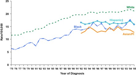 Line chart showing the changes in non-Hodgkin lymphoma incidence rates for people of various races and ethnicities.