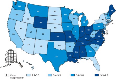 Map of the United States showing myeloma death rates by state.