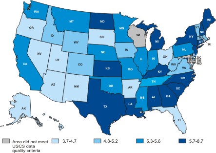 Map of the United States showing myeloma incidence rates by state.