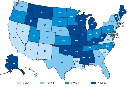 Map of the United States showing leukemia death rates by state.