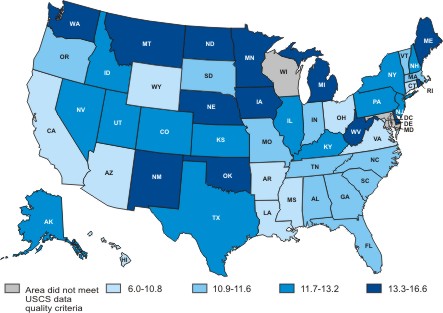Map of the United States showing leukemia incidence rates by state.