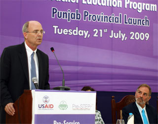Lahore, July 21, 2009 — USAID Mission Director Robert Wilson speaking at the launch of the Pre-Service Teachers Education Program (Pre-STEP) a new five-year, $75 million U.S.-funded program to improve Pakistan’s teacher skills and qualifications.