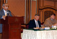 Lahore February 23, 2009 -- Speaker Punjab Assembly Rana Muhammad Iqbal addressing women members of the Punjab Assembly at the launch of a cross-party women caucus.