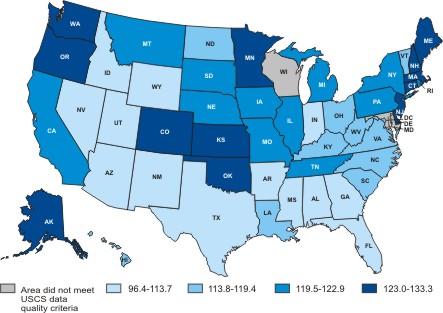 Map of the United States showing female breast cancer incidence rates by state in 2005.