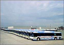 Photo of a long row of busses lined up in a parking lot.  The busses are painted blue with white clouds on them, and read 