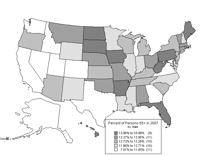 Figure 4 is a state map of the US showing the percent of persons over 65 in the population of each state. This data may be found in the table Figure 6.